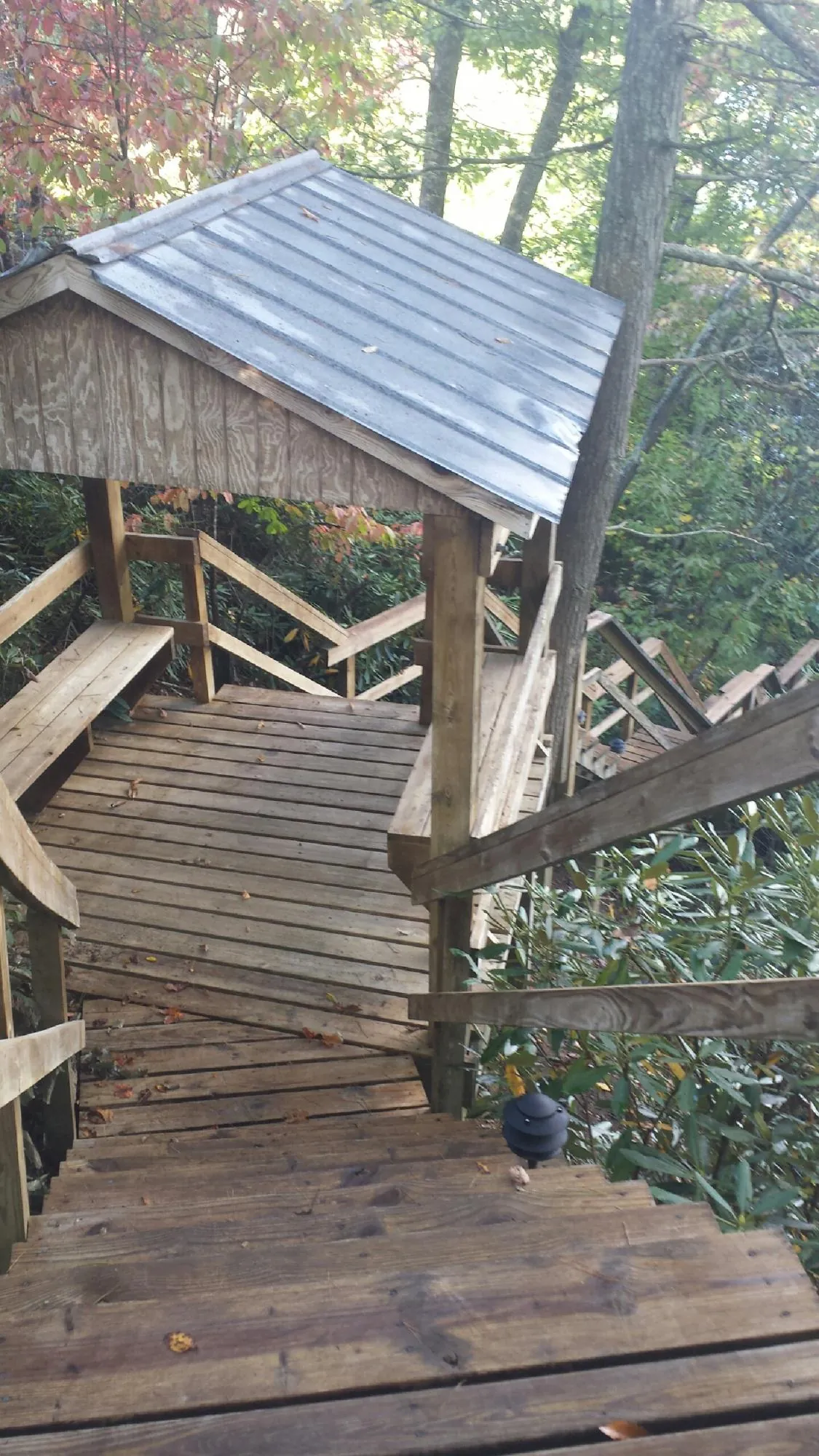 Metal roofed shelter over wooden steps on a wooded walkway — Skylight Repair & Installation work by our crew in Waring